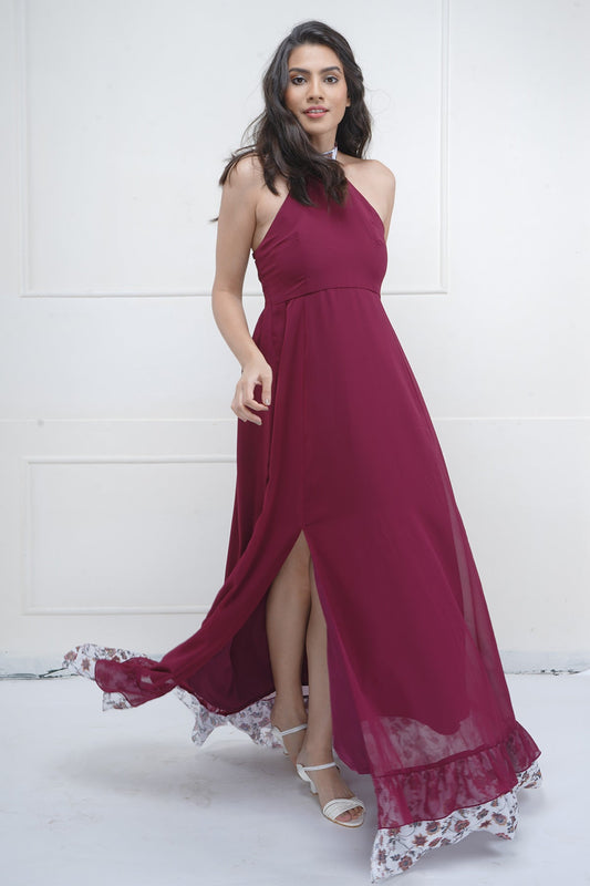 Buy Maroon Halter Neck Maxi Dress by SNEHA B