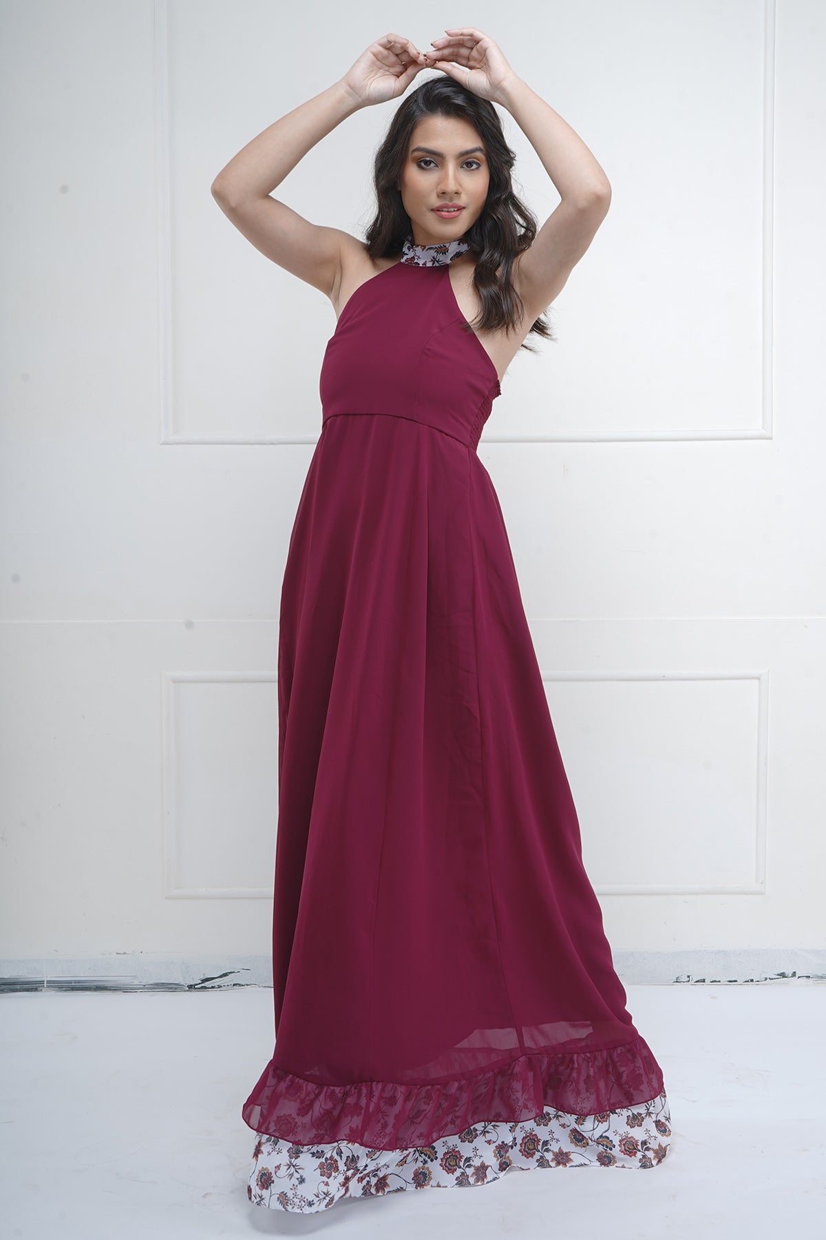 Maroon Halter Neck Maxi Dress