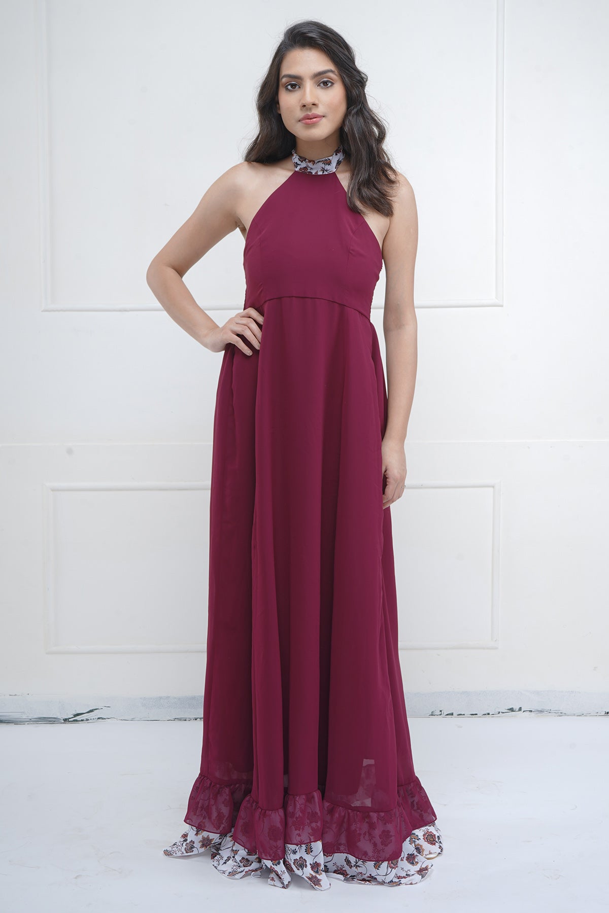 Maroon Halter Neck Maxi Dress