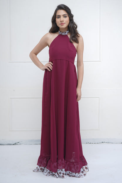Maroon Halter Neck Maxi Dress