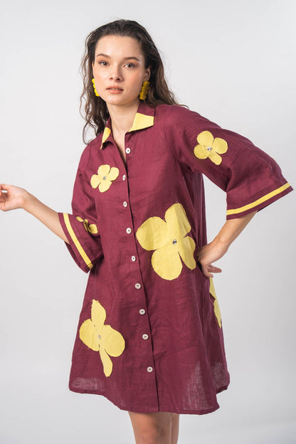 Maroon Patch Work Shirt Dress