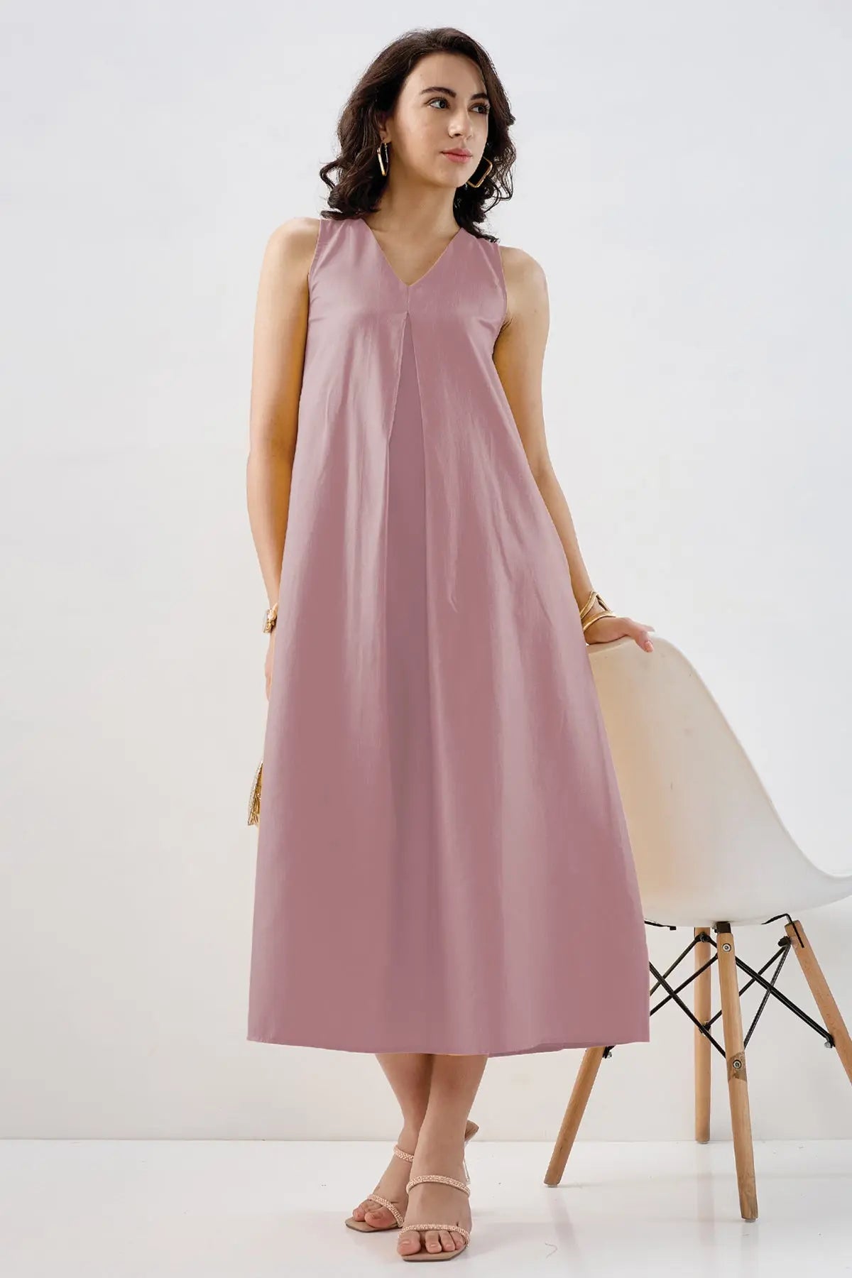 Shop Mauve Box Pleated Cotton Dress by SNEHA B