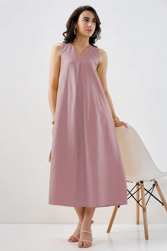 Shop Mauve Box Pleated Cotton Dress by SNEHA B