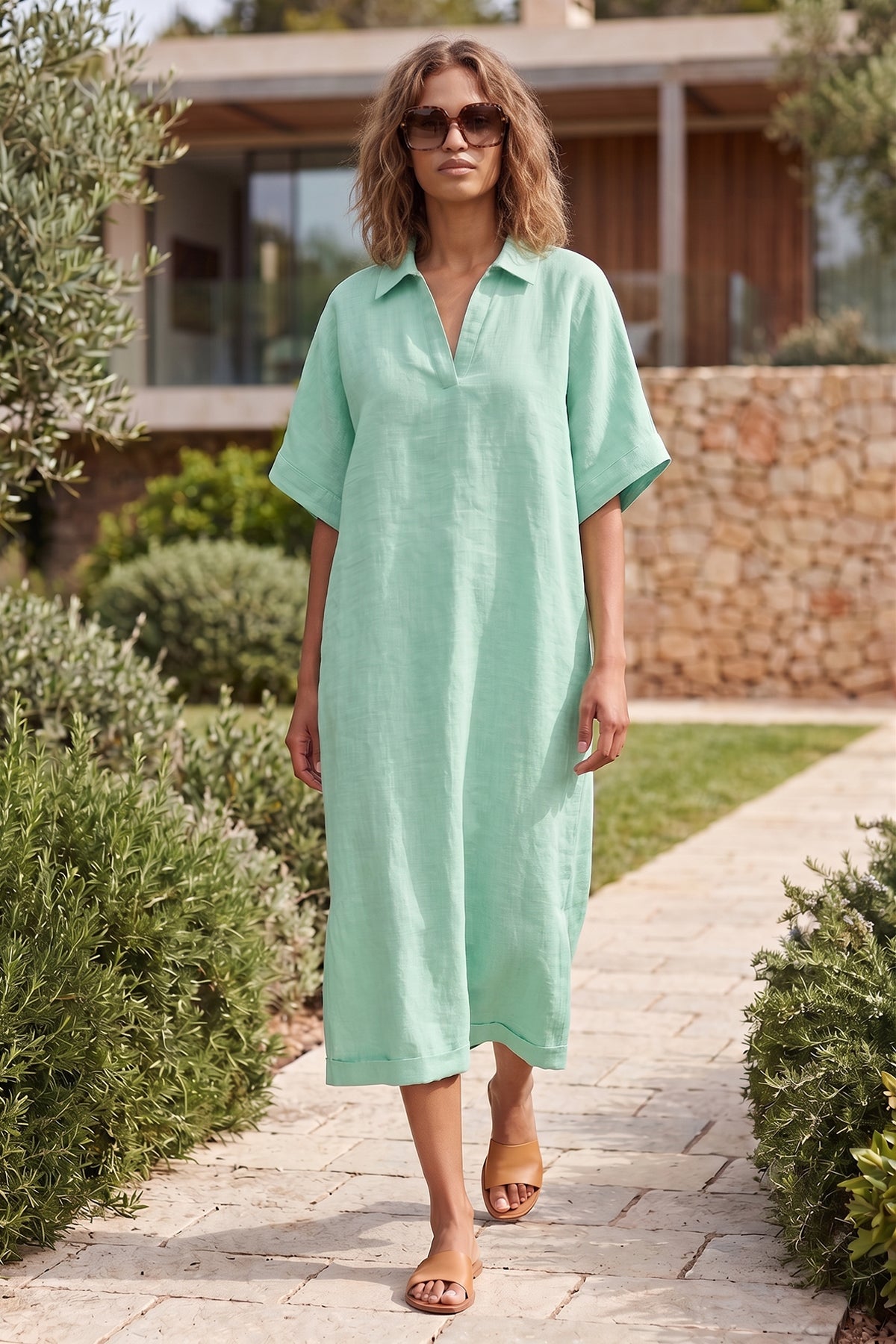 Mint Green V-Neck Collar Dress