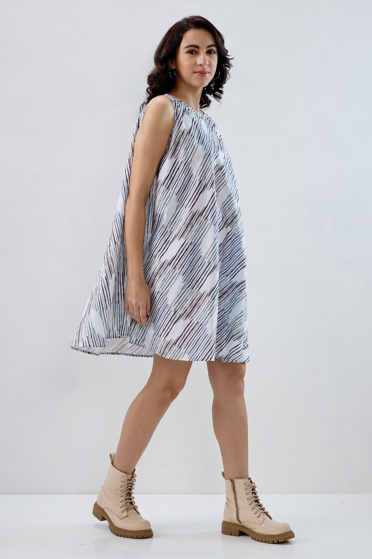 Multi White Cotton Flare Dress
