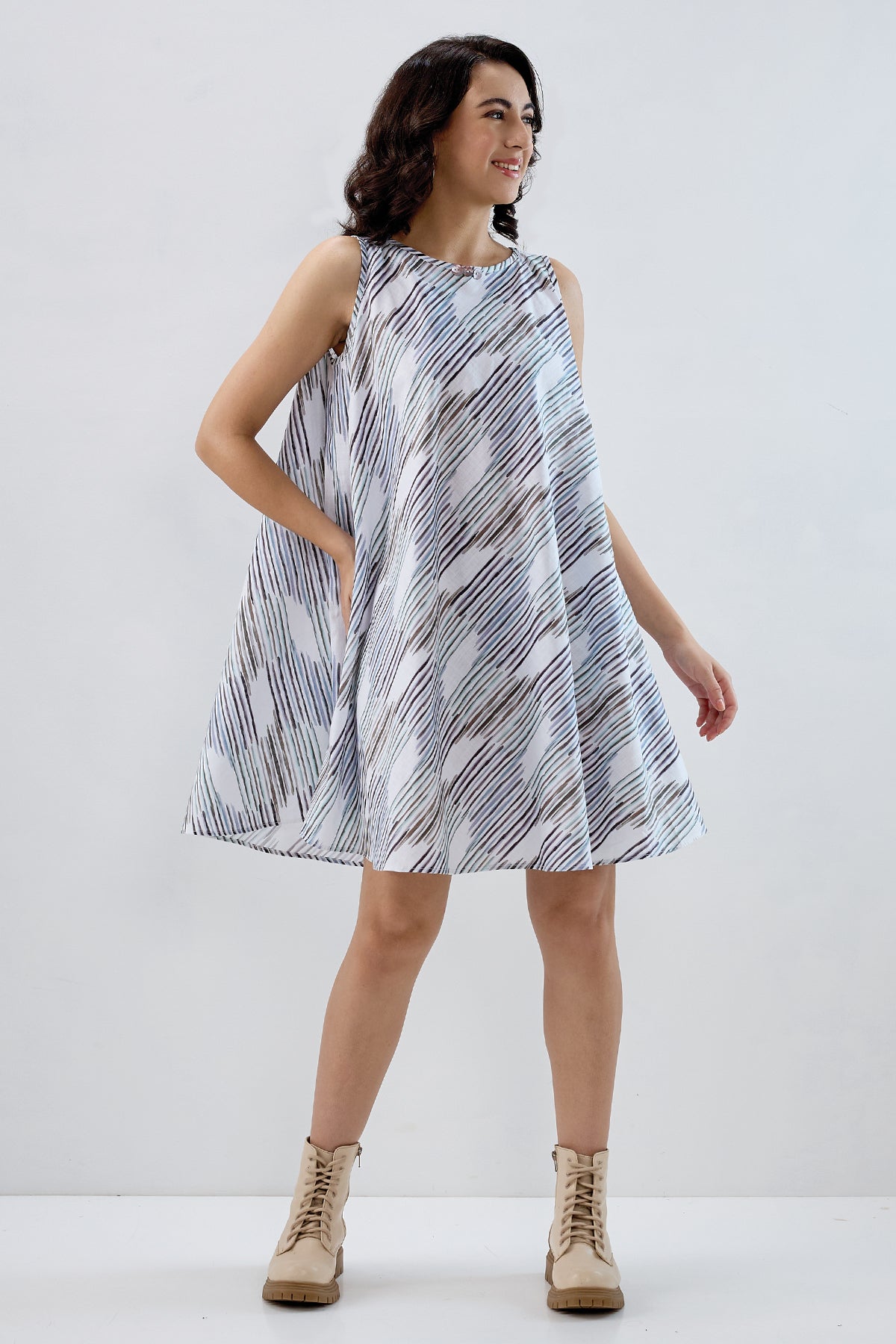 Multi White Cotton Flare Dress
