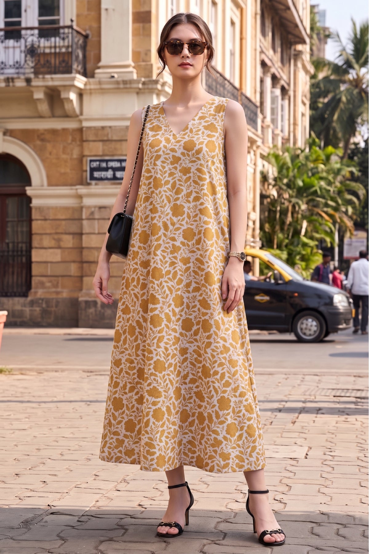 Mustard Floral Print Maxi Dress