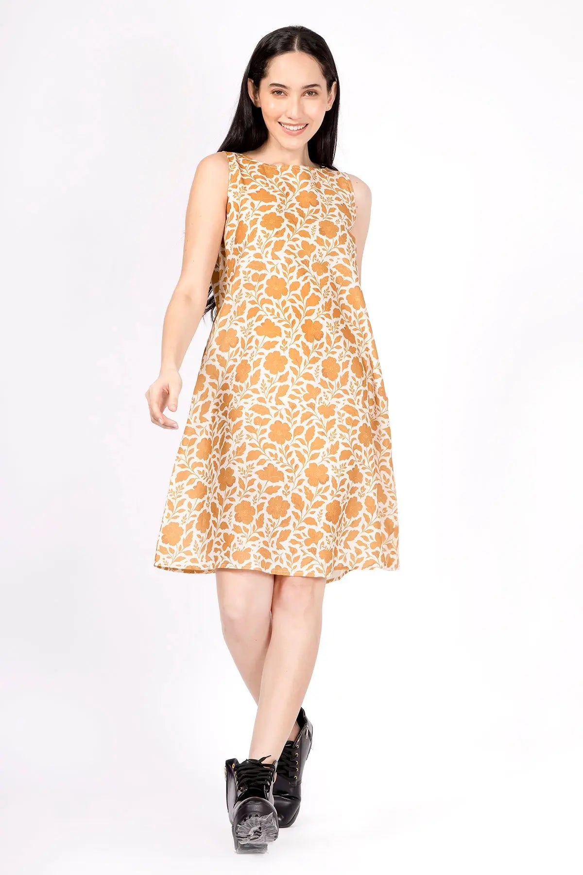 Mustard Linen Boat Neck Dress SNEHA B