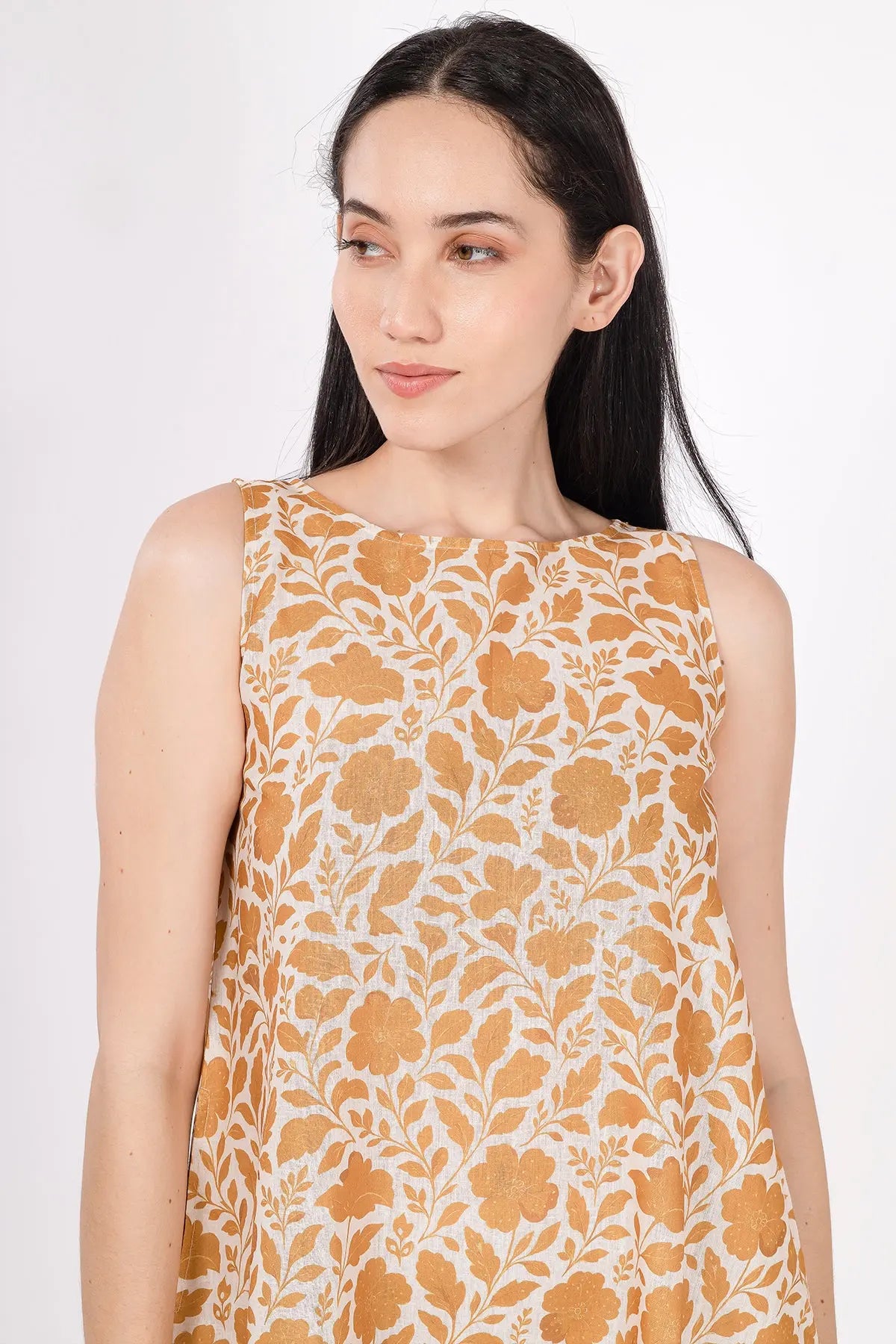 Mustard Linen Boat Neck Dress SNEHA B