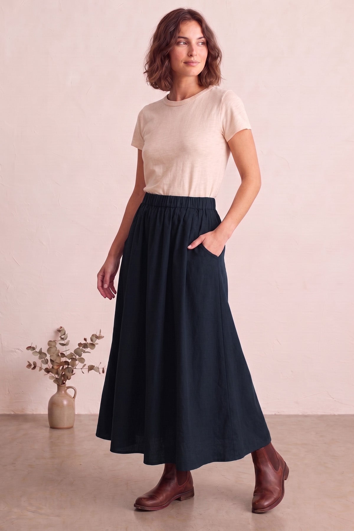 Navy Ankle Length Flare Skirt