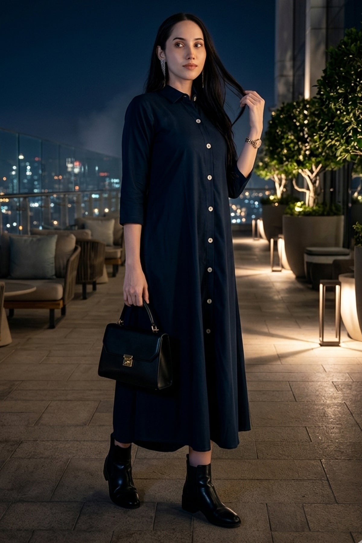 Navy Bamboo Cotton Shirt Dress