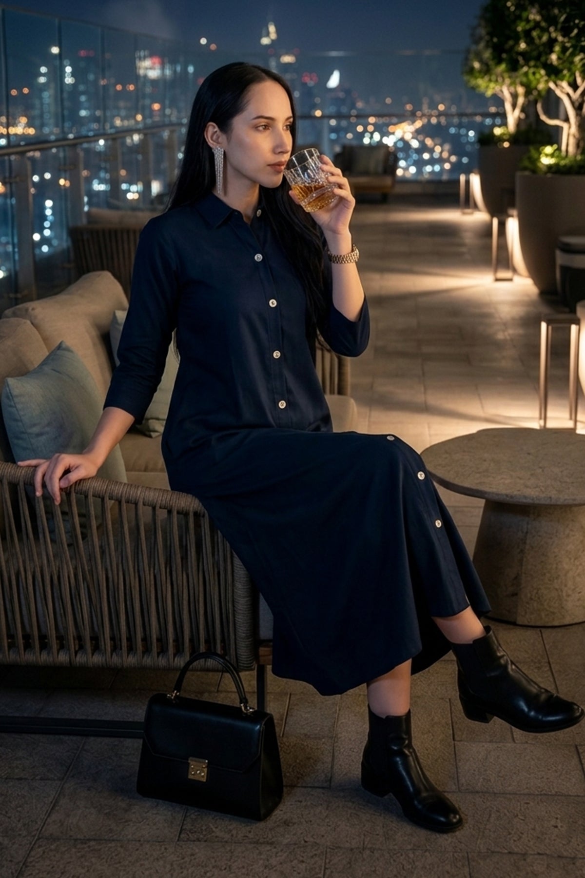 Navy Bamboo Cotton Shirt Dress