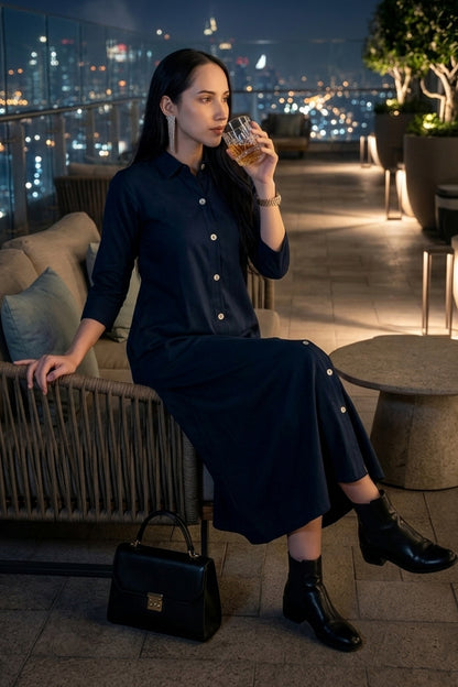 Navy Bamboo Cotton Shirt Dress