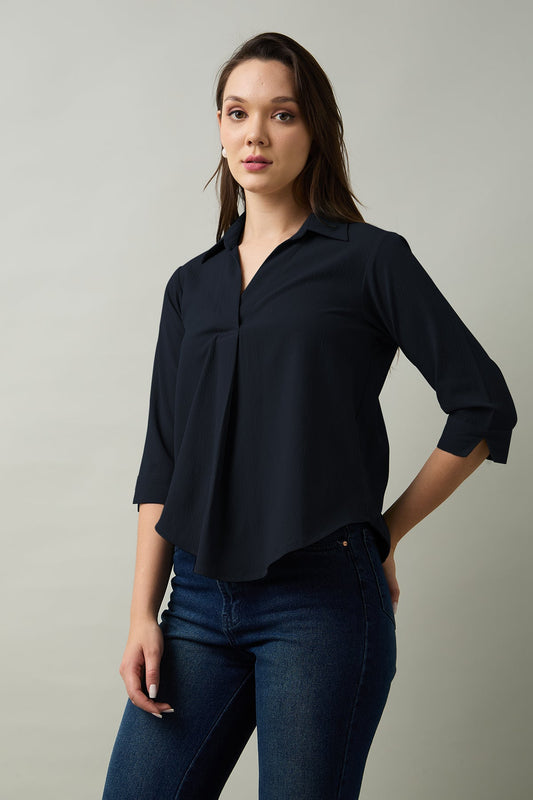 Buy Navy Box Pleated Collared Top by SNEHA B
