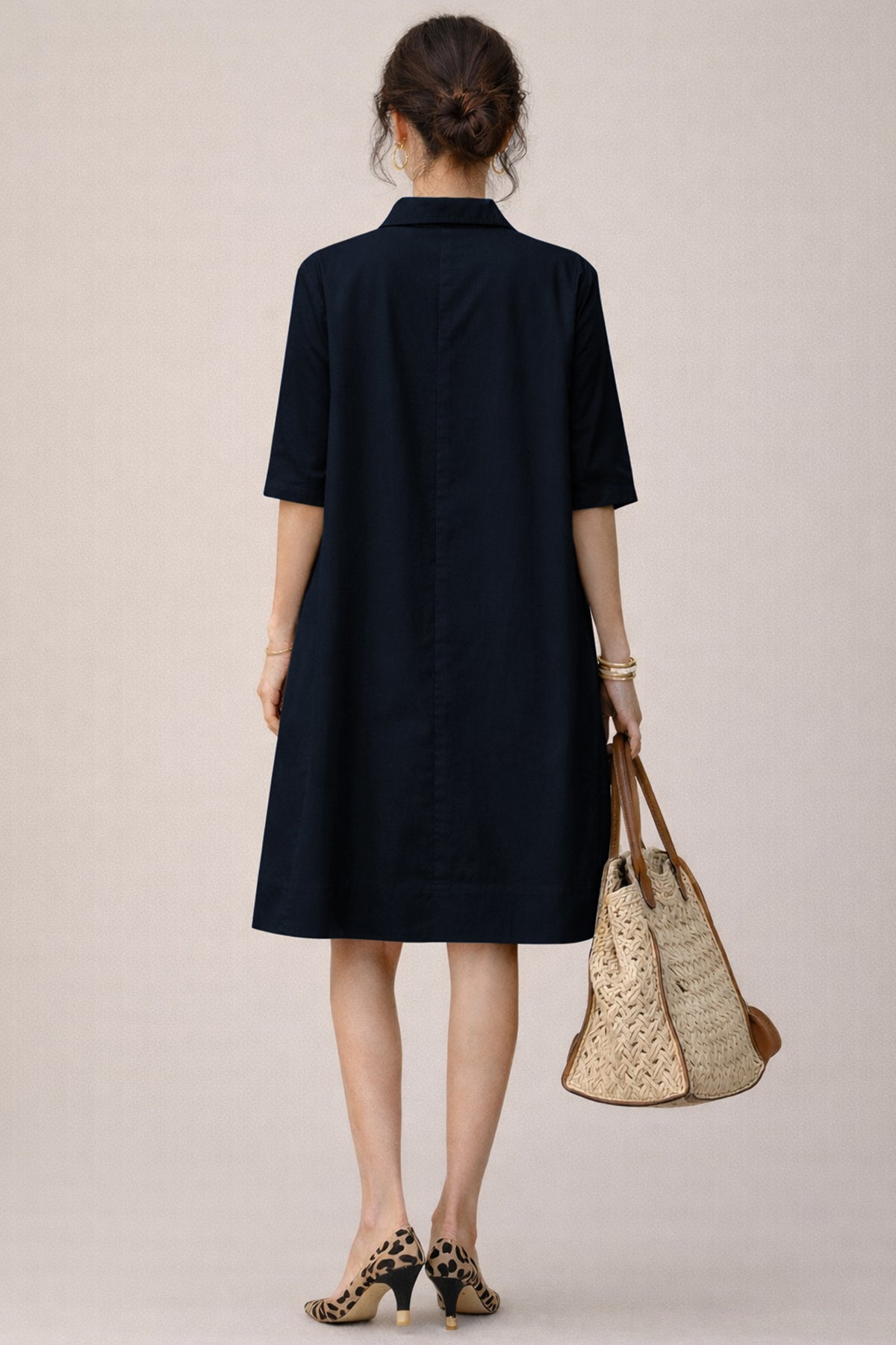Navy Cotton Box Pleated Dress
