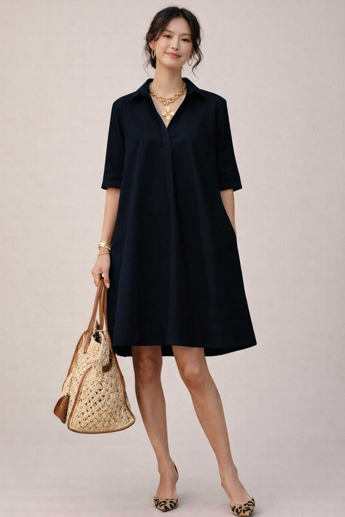 Shop Navy Cotton Box Pleated Dress for women by SNEHA B