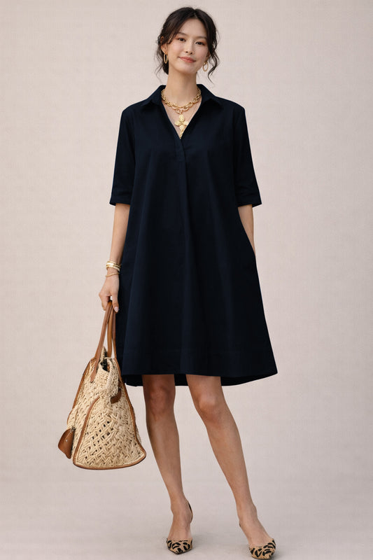 Shop Navy Cotton Box Pleated Dress for women by SNEHA B