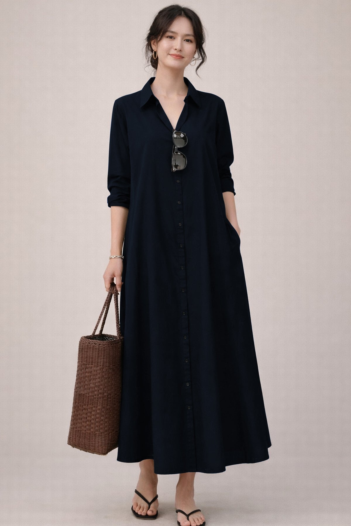 Shop Navy Cotton Maxi Shirt Dress for women by SNEHA B