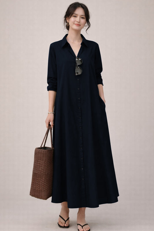 Shop Navy Cotton Maxi Shirt Dress for women by SNEHA B