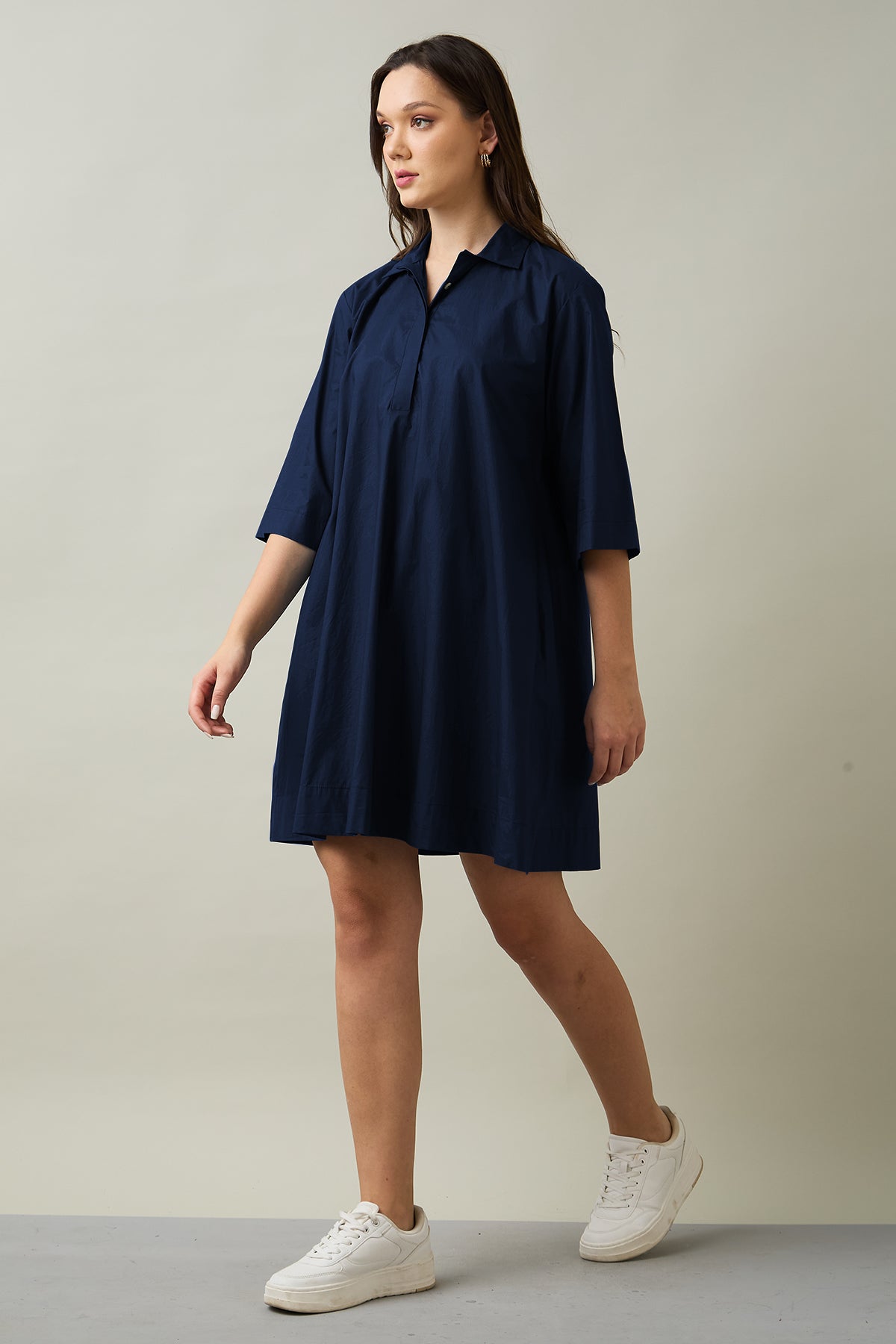 Navy Cotton Poplin Flare Dress
