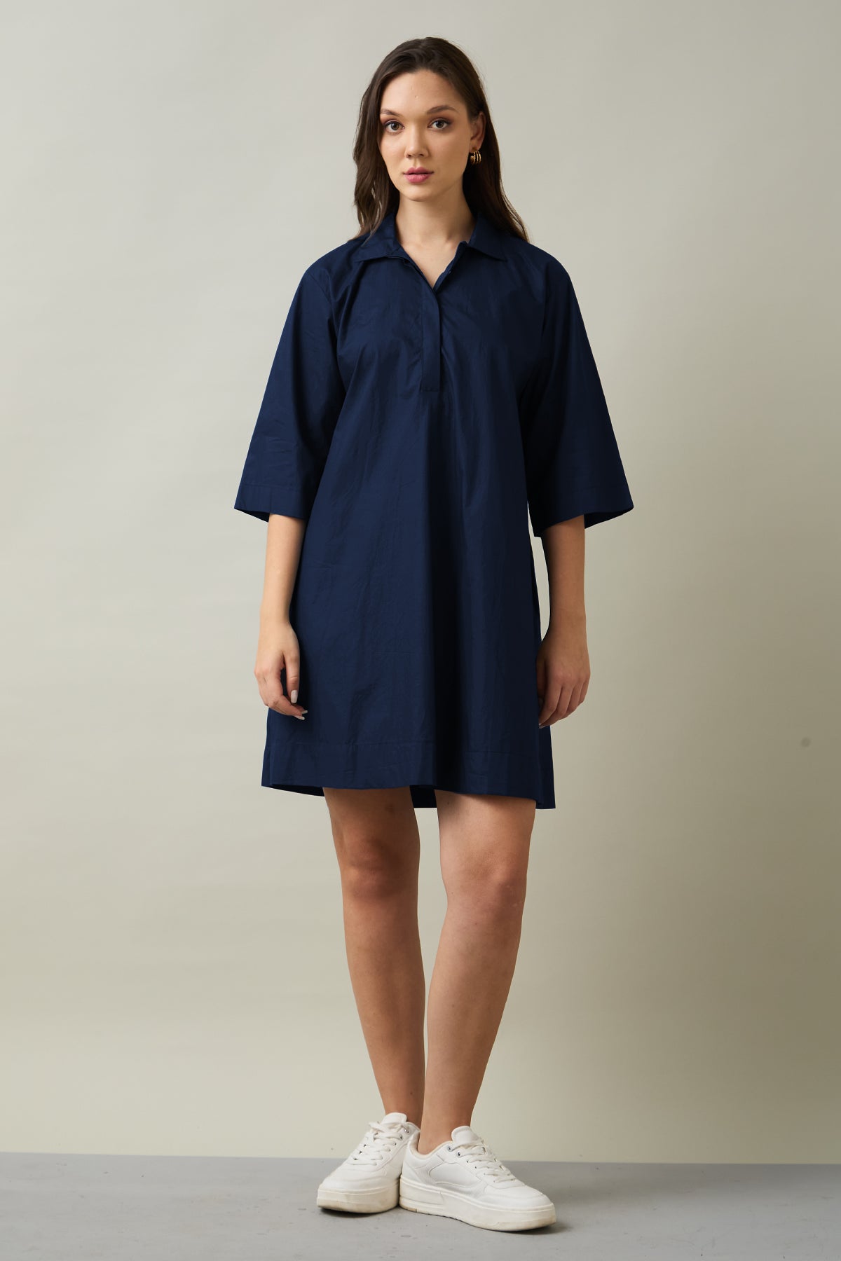 Navy Cotton Poplin Flare Dress