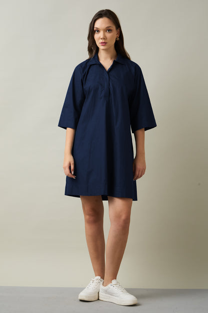 Navy Cotton Poplin Flare Dress
