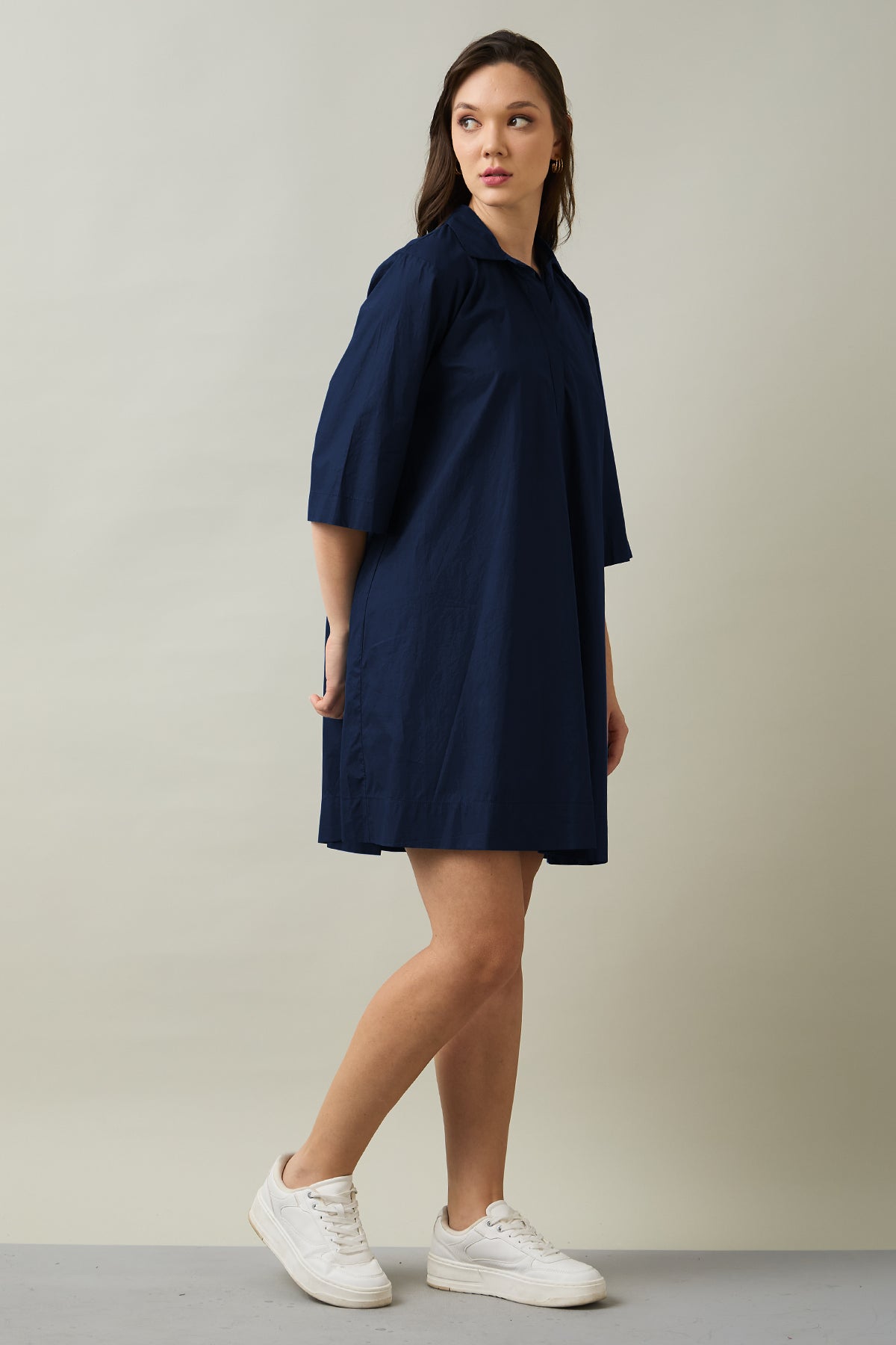 Navy Cotton Poplin Flare Dress