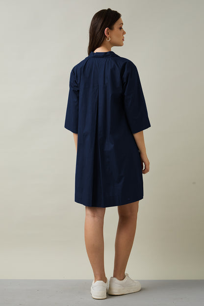 Navy Cotton Poplin Flare Dress