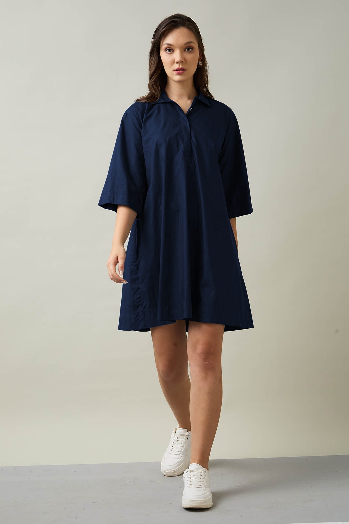Shop Navy Cotton Poplin Flare Dress by SNEHA B