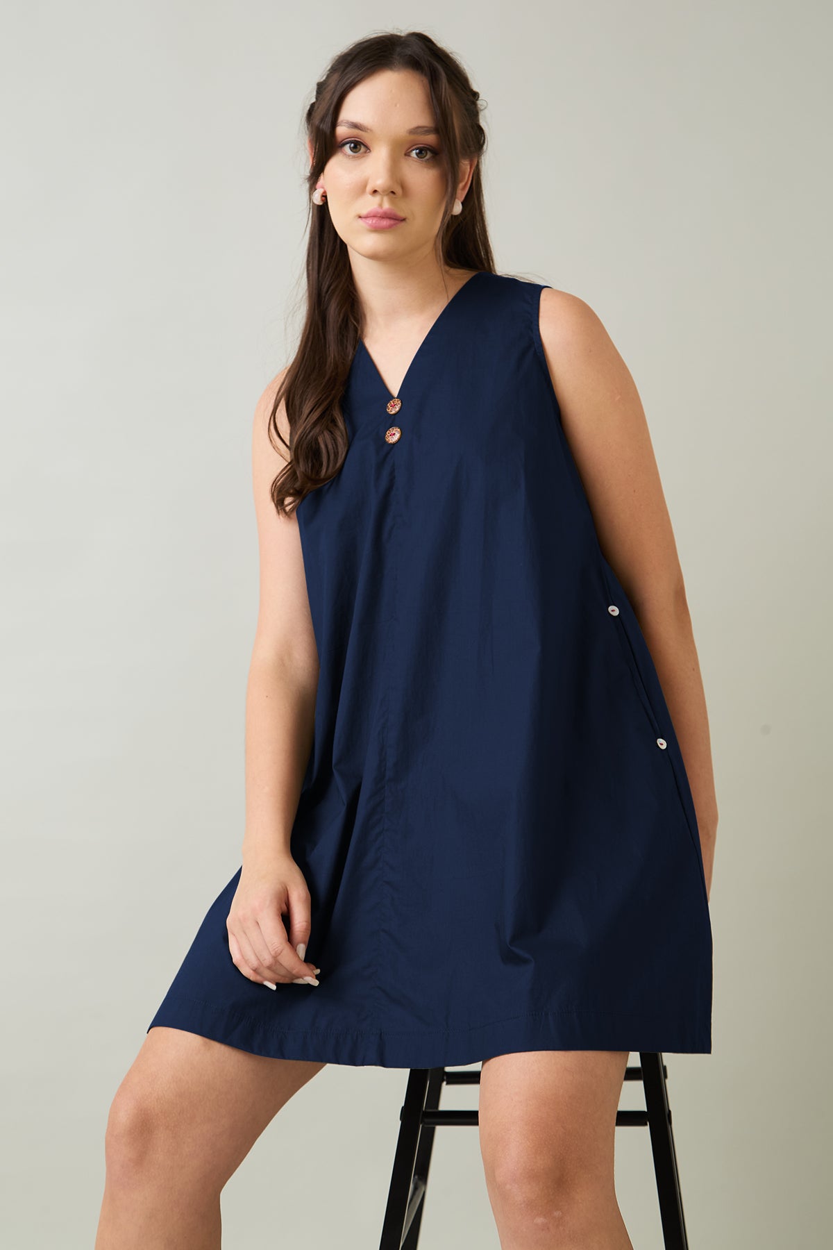 Navy Cotton Sleeveless Dress