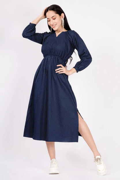 Shop Navy Polka Dot Midi Slit Dress by SNEHA B
