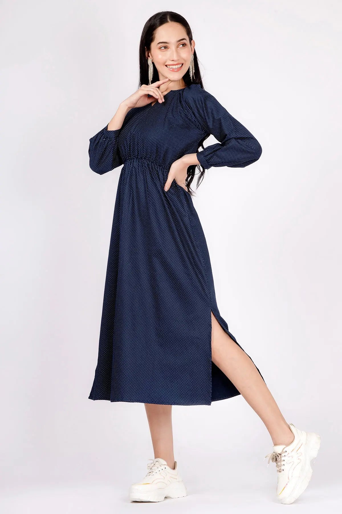 Navy Polka Dot Midi Slit Dress SNEHA B