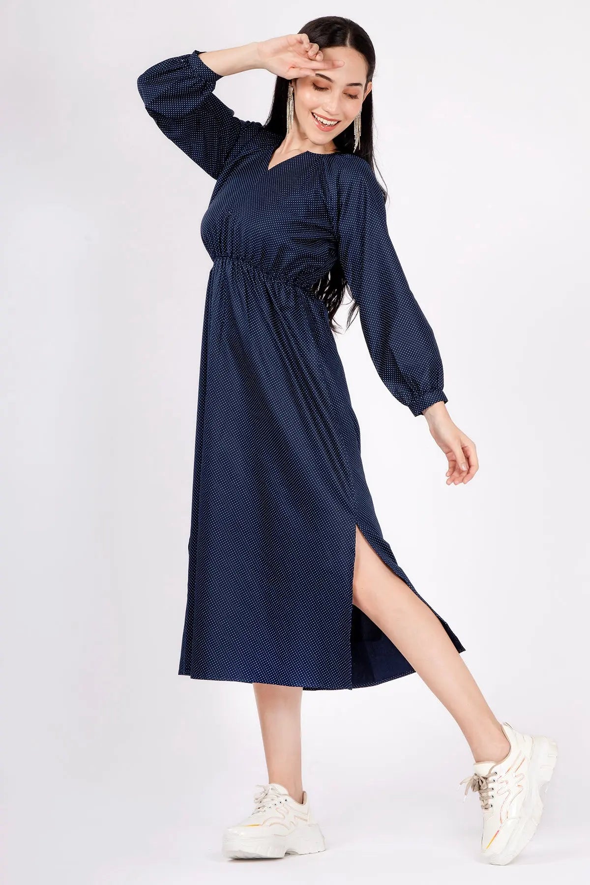 Navy Polka Dot Midi Slit Dress SNEHA B