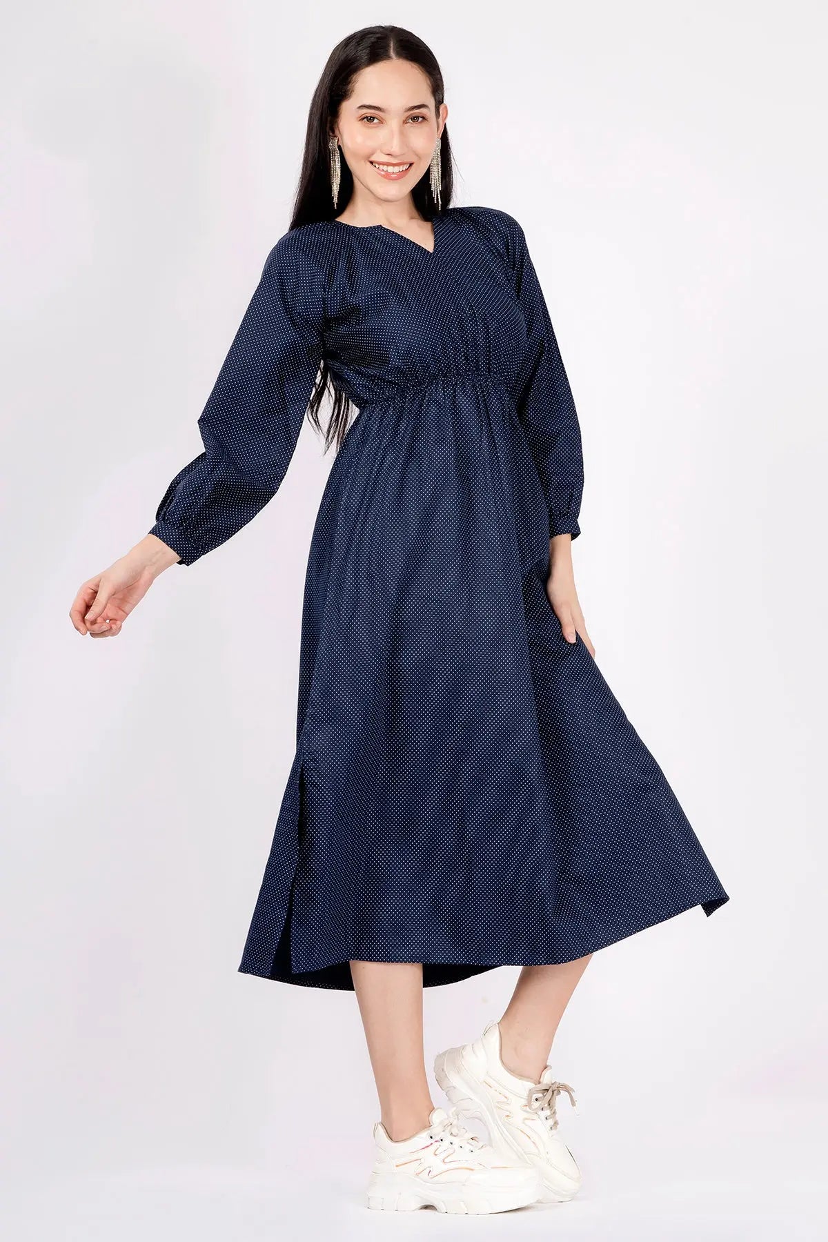 Navy Polka Dot Midi Slit Dress SNEHA B