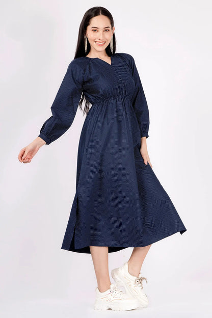Navy Polka Dot Midi Slit Dress SNEHA B