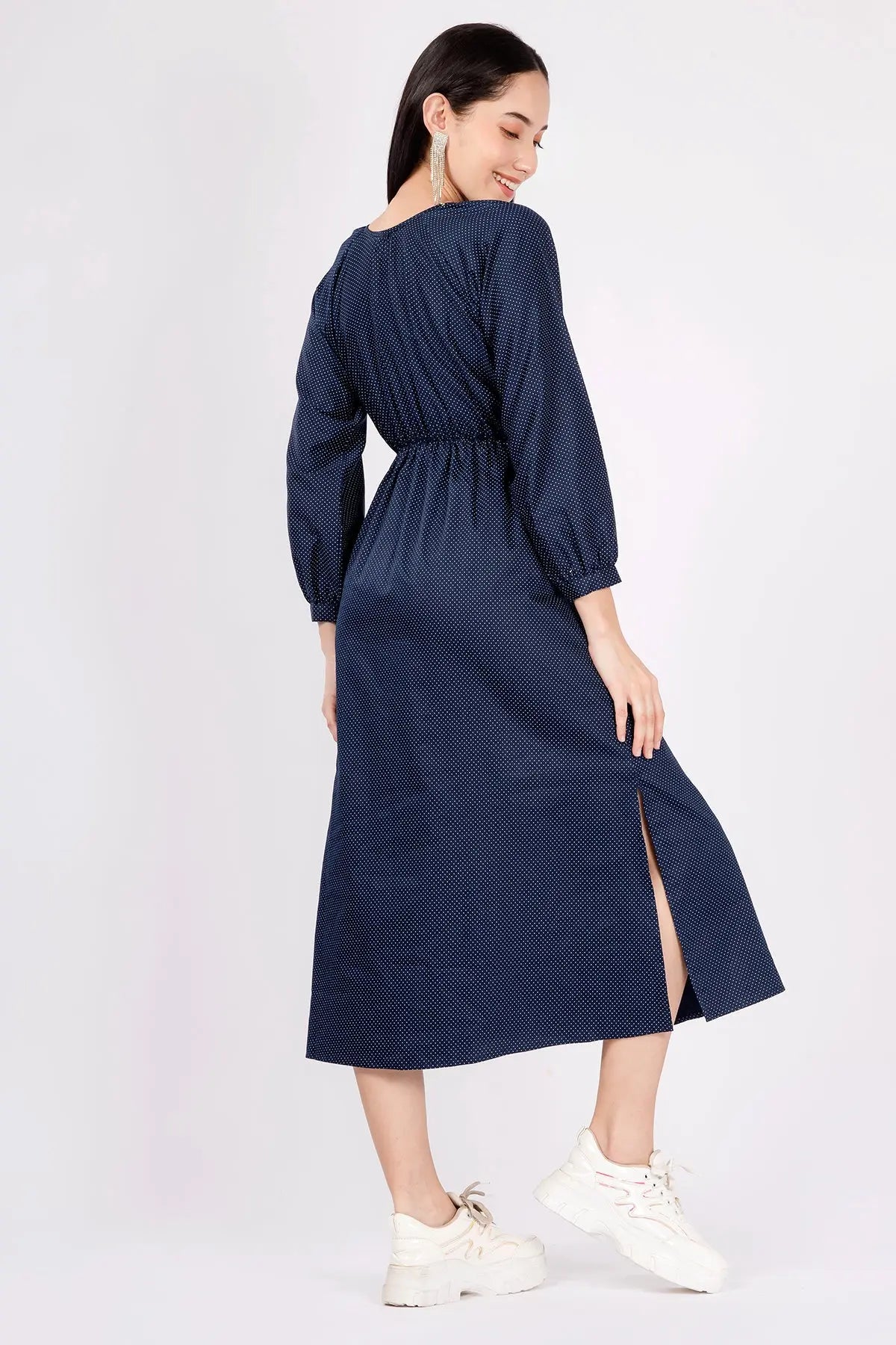 Navy Polka Dot Midi Slit Dress SNEHA B