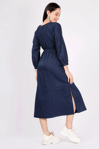 Navy Polka Dot Midi Slit Dress SNEHA B