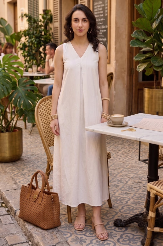 White Box Pleated Cotton Dress