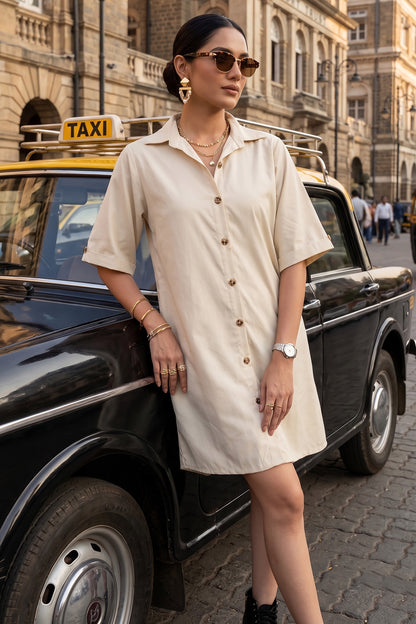 Off-White Bamboo Cotton Shirt Dress