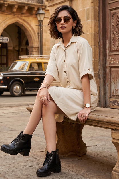 Off-White Bamboo Cotton Shirt Dress