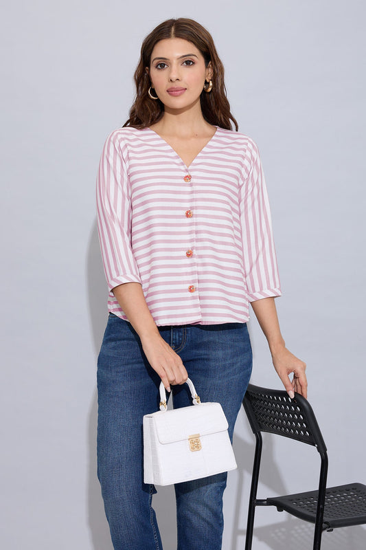 Buy Onion Stripe Button Cotton Top by SNEHA B