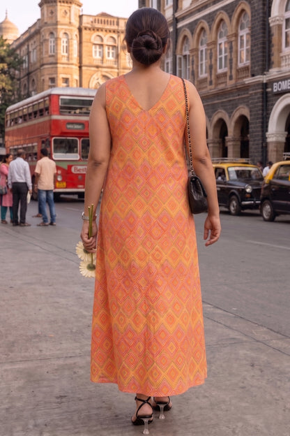Orange Ikkat Print Maxi Dress