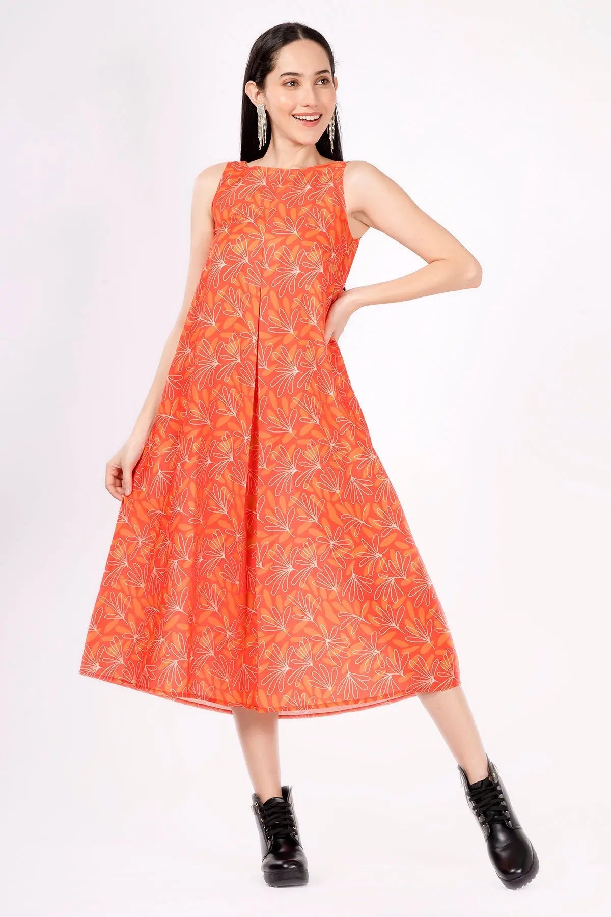 Shop Orange Linen Print Midi Dress by SNEHA B