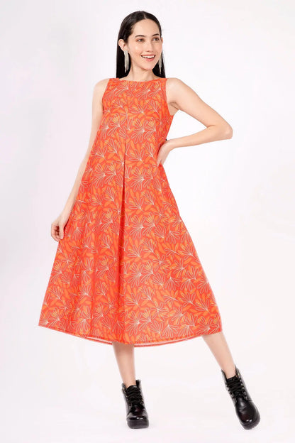 Shop Orange Linen Print Midi Dress by SNEHA B