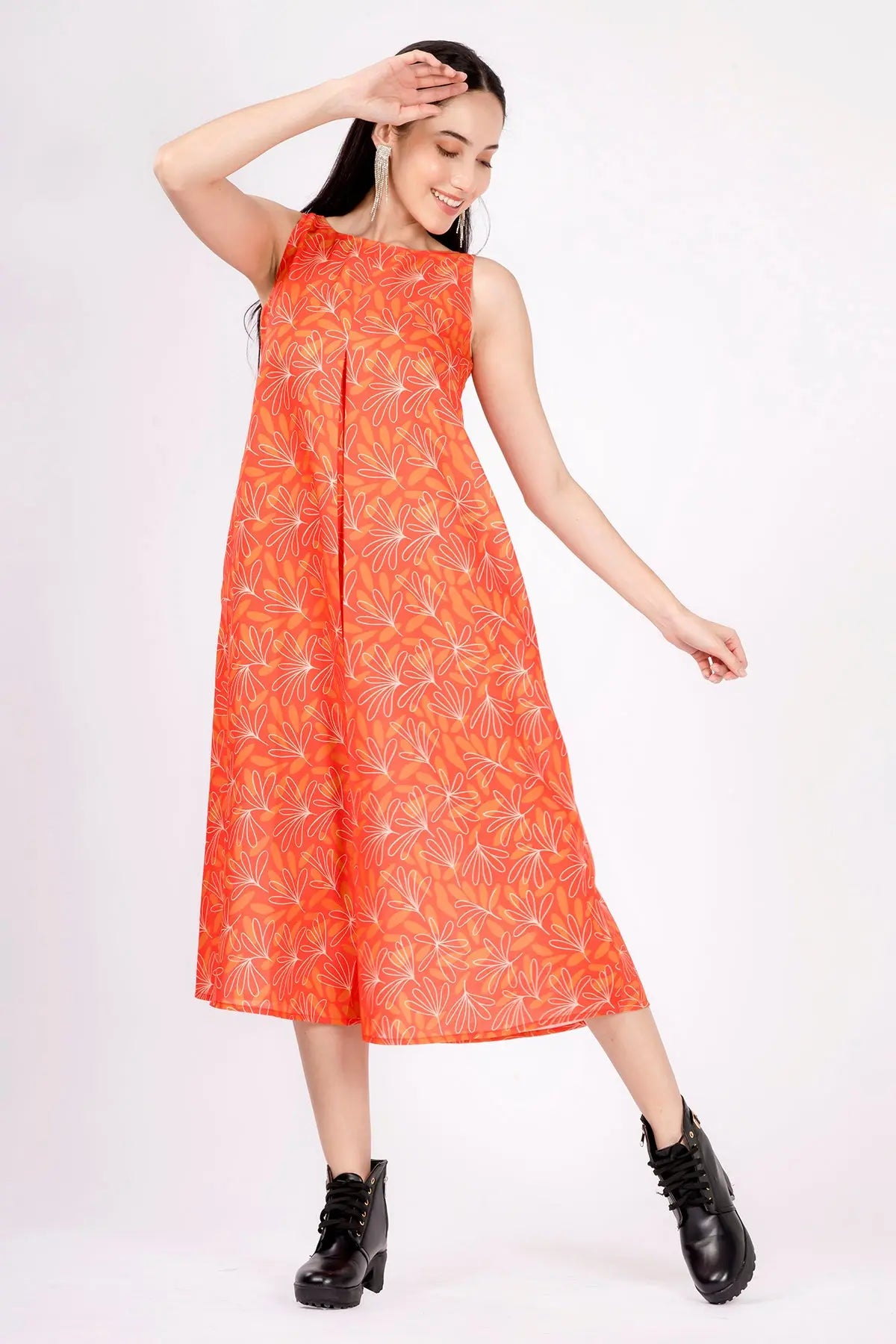Orange Linen Print Midi Dress SNEHA B