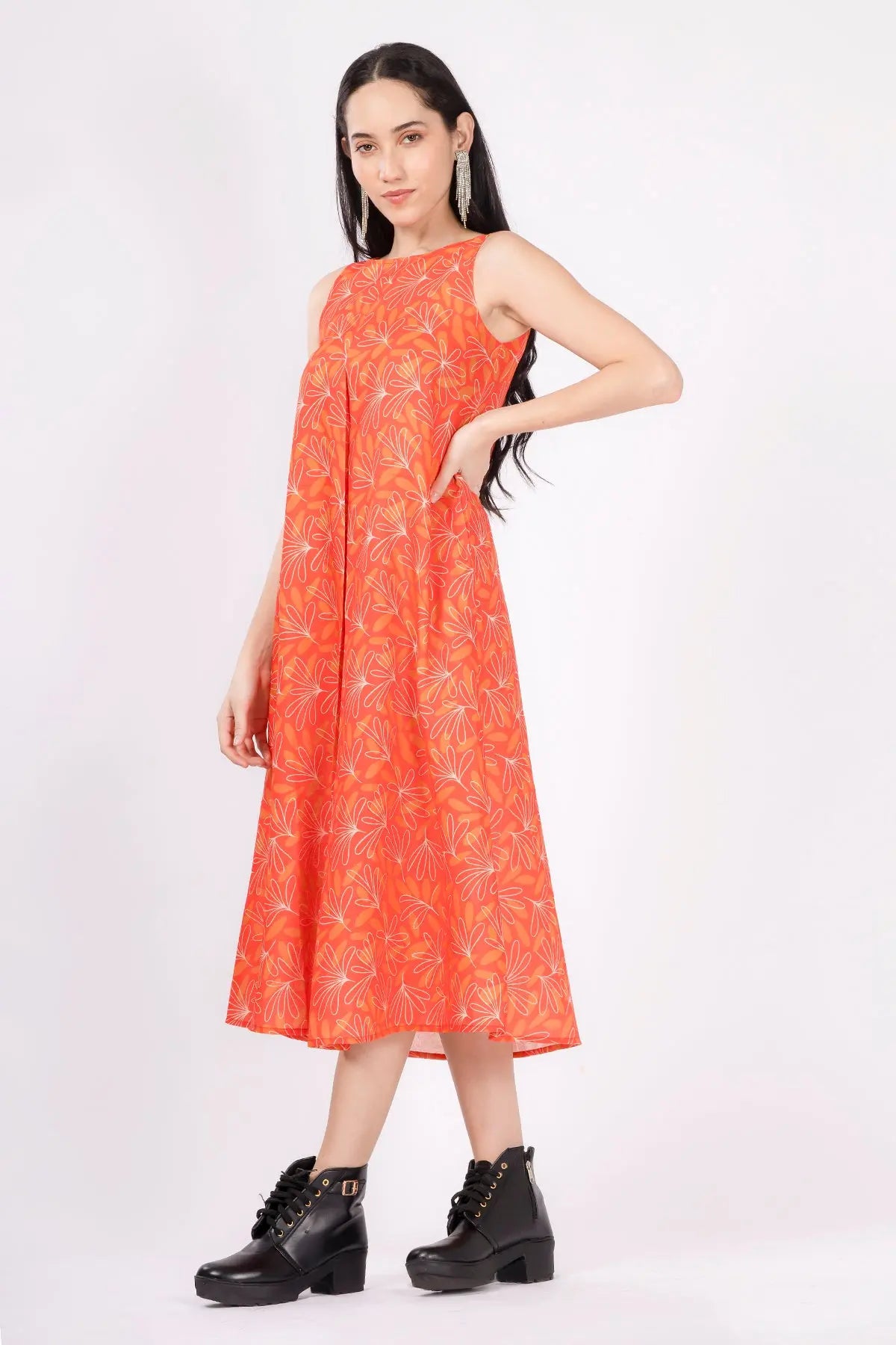 Orange Linen Print Midi Dress SNEHA B