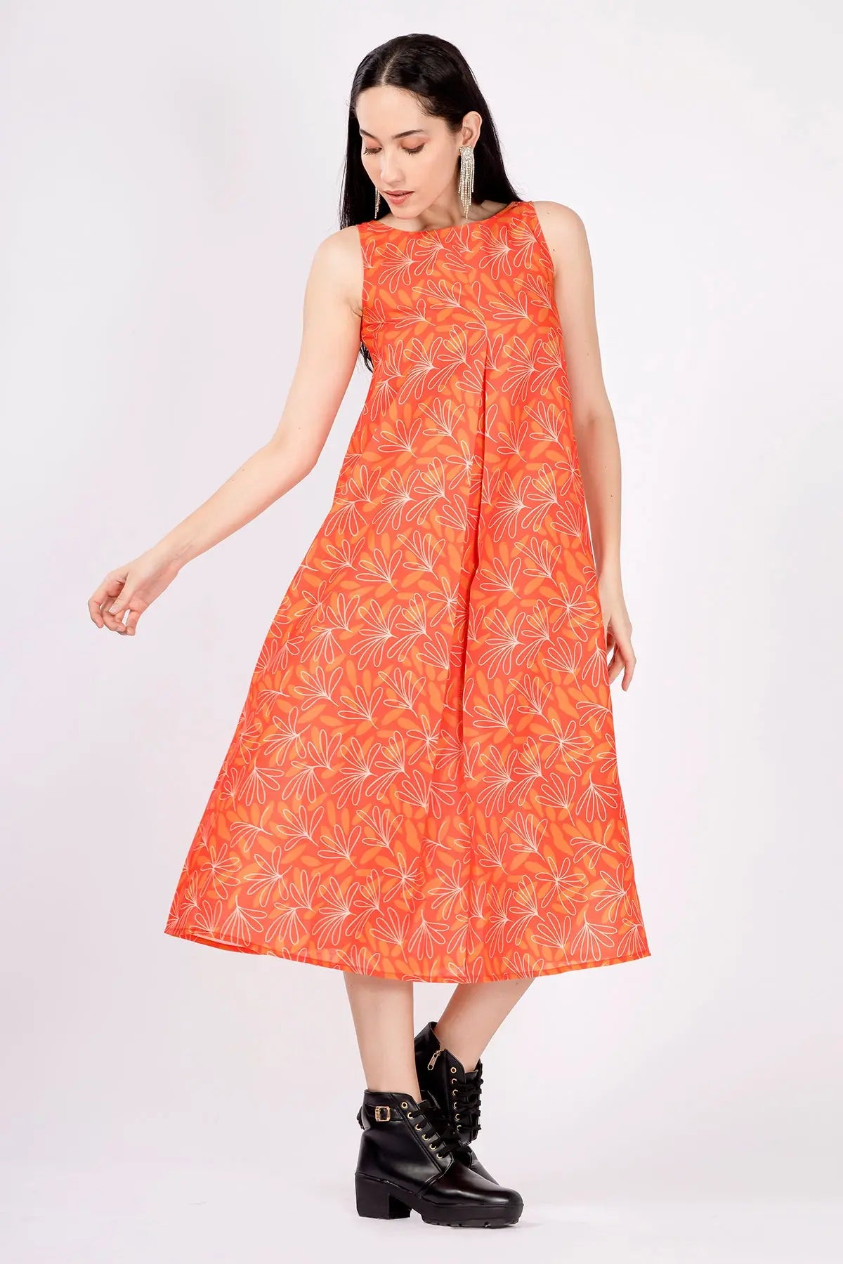 Orange Linen Print Midi Dress SNEHA B