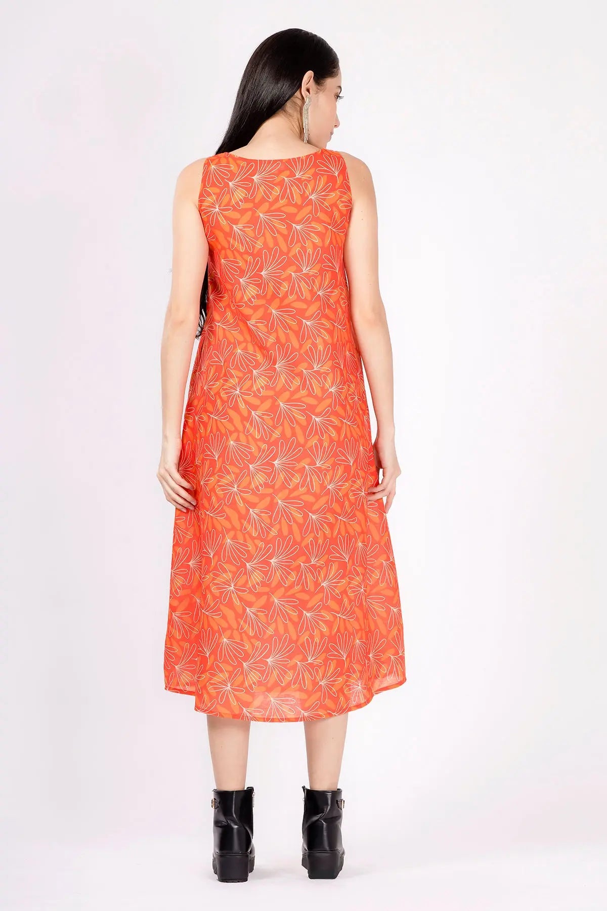 Orange Linen Print Midi Dress SNEHA B