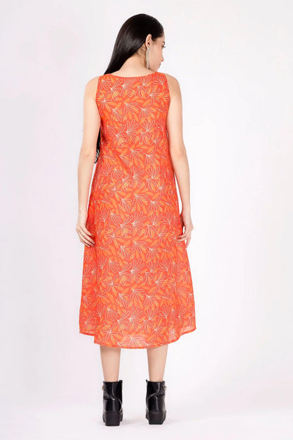Orange Linen Print Midi Dress SNEHA B
