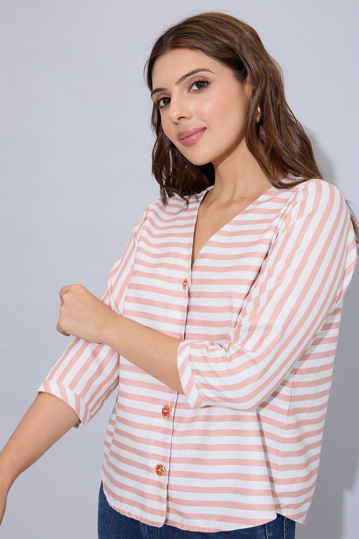Orange Stripe Button Cotton Top